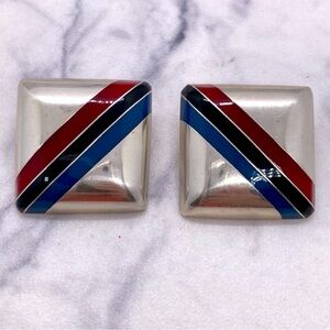 925 Sterling Silver Vintage Mexico TC-14 Geometric Square Clip On Earrings